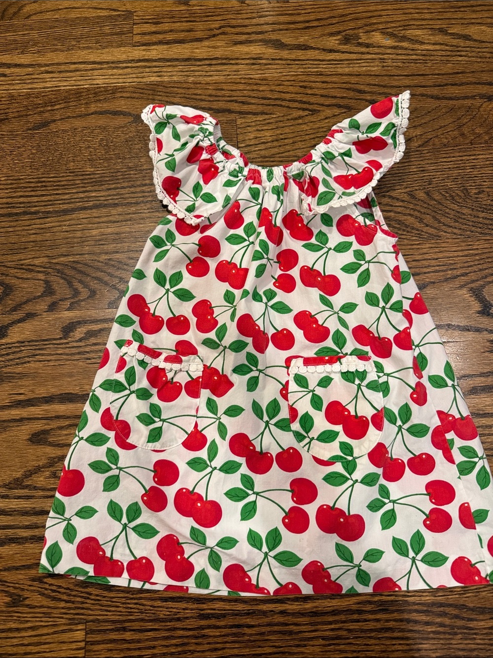 Kelly's Kids White Cherry Print Dress with Red and Green Accents